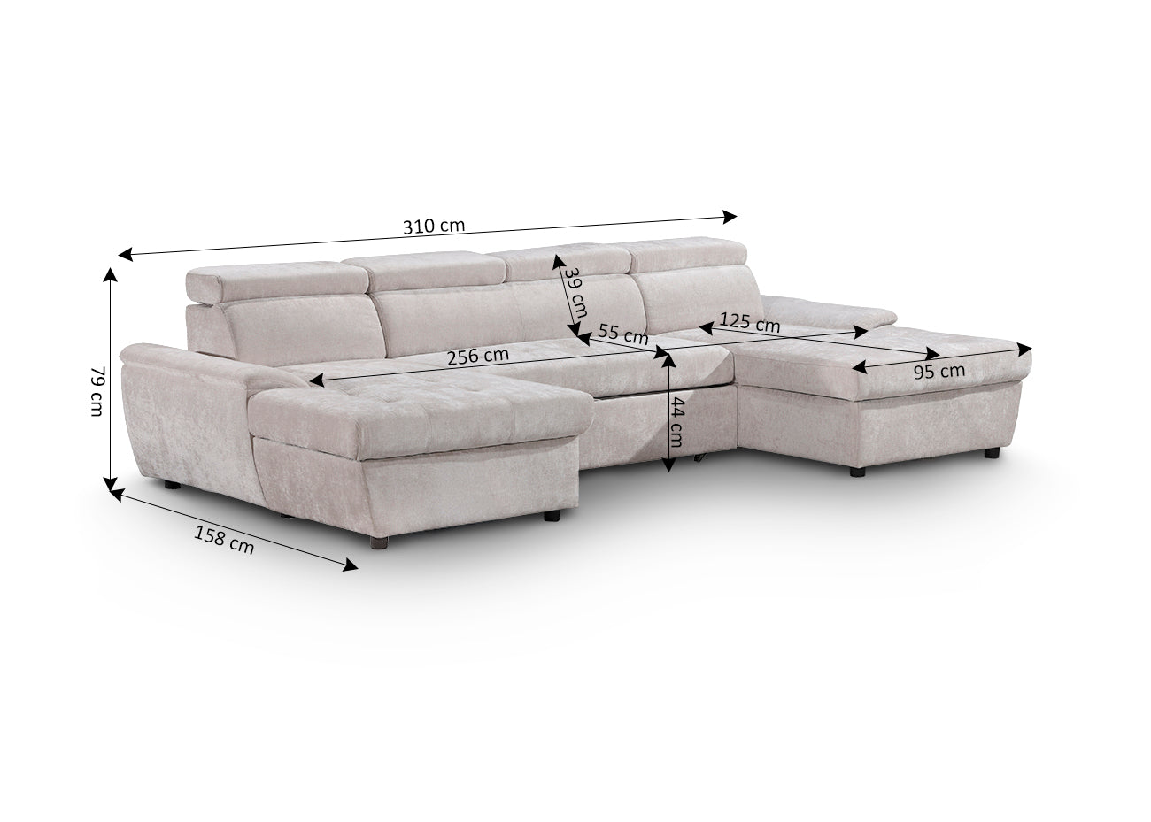 Sofa Cama Doble Chaise Longue Leo, con Arcon 310cm