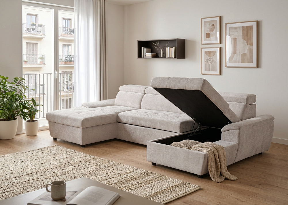 Sofa Cama Doble Chaise Longue Leo, con Arcon 310cm