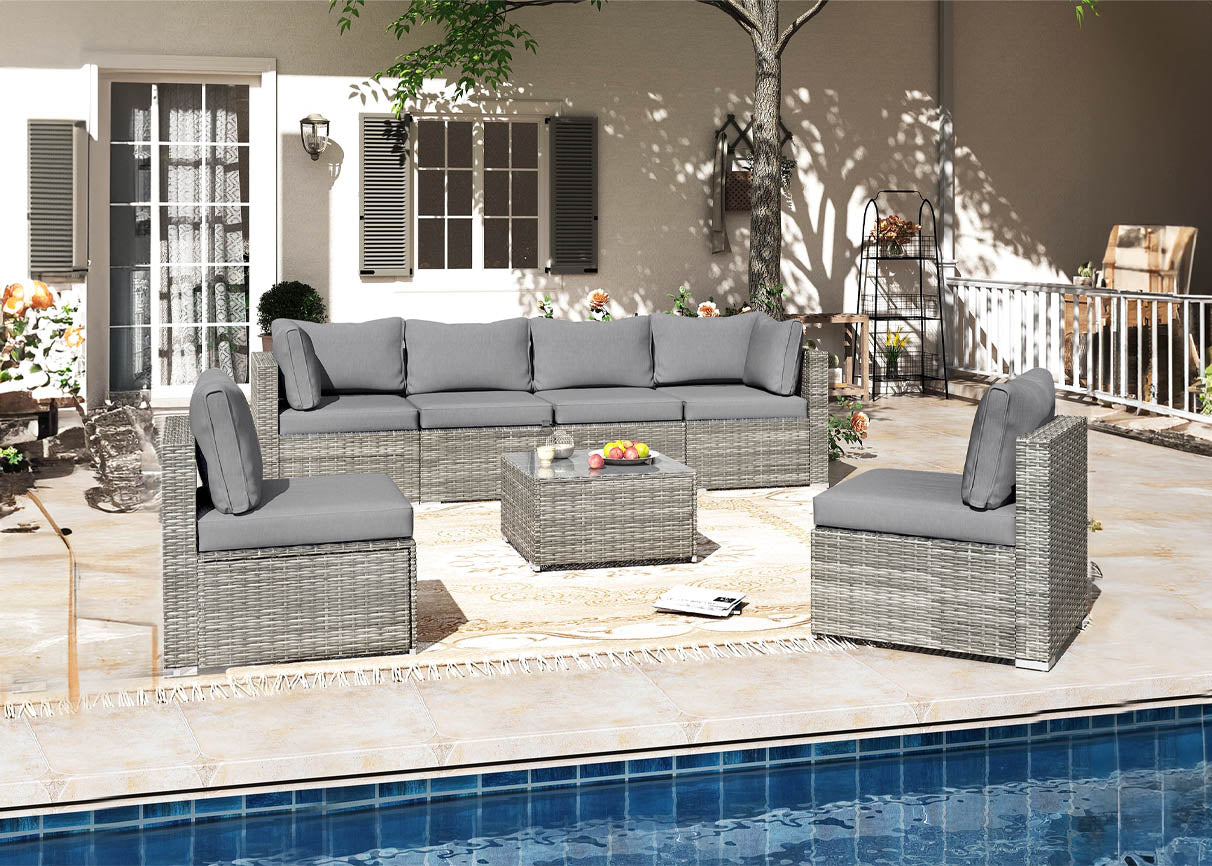 Conjunto de Sofas de Exterior en Ratan PE, 7 piezas. Muebles de Jardin y Terraza