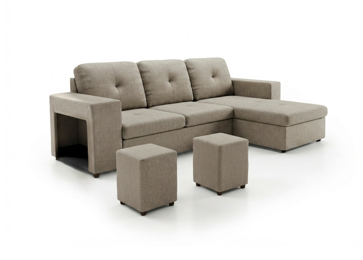 Sofa Cama Chaise Longue Reversible Suiza 230cm, Arcon + Puff