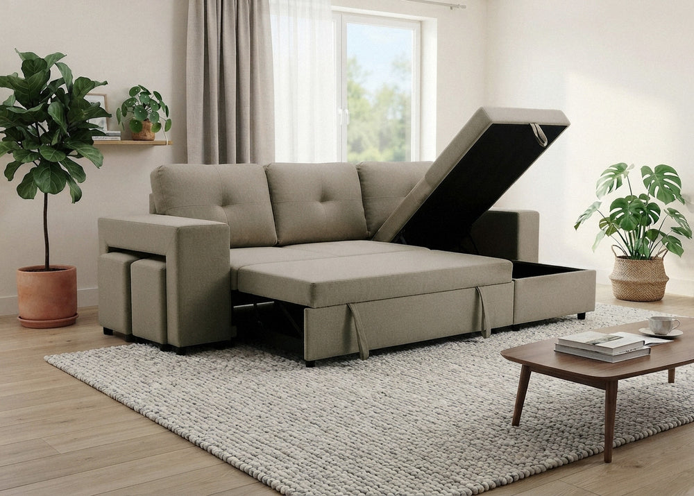 Sofa Cama Chaise Longue Reversible Suiza 230cm, Arcon + Puff
