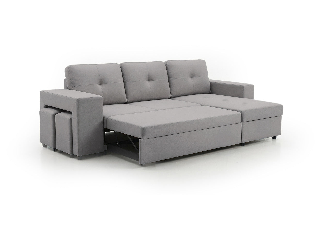 Sofa Cama Chaise Longue Reversible Suiza 230cm, Arcon + Puff Gris