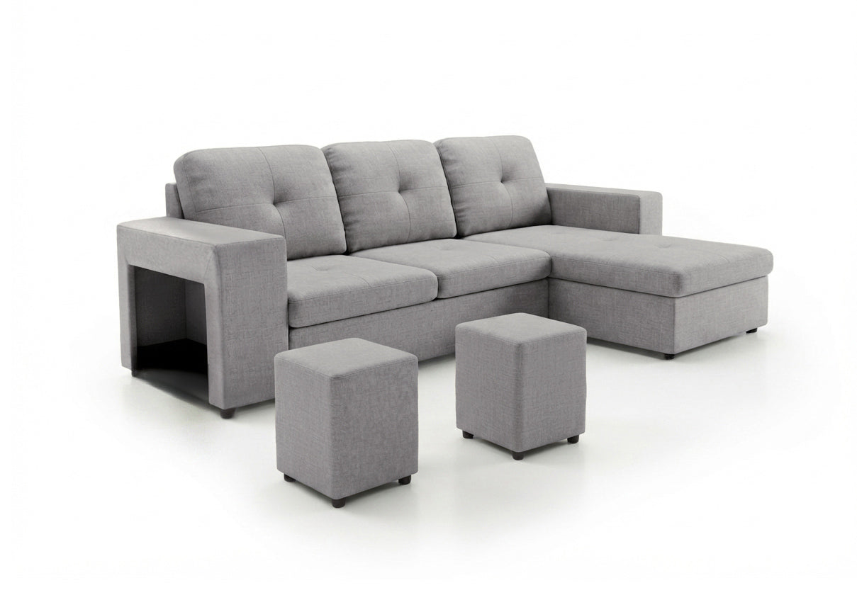 Sofa Cama Chaise Longue Reversible Suiza 230cm, Arcon + Puff Gris