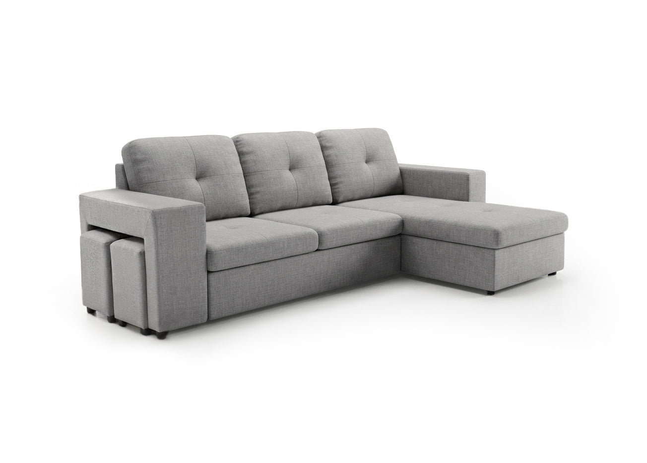 Sofa Cama Chaise Longue Reversible Suiza 230cm, Arcon + Puff Gris