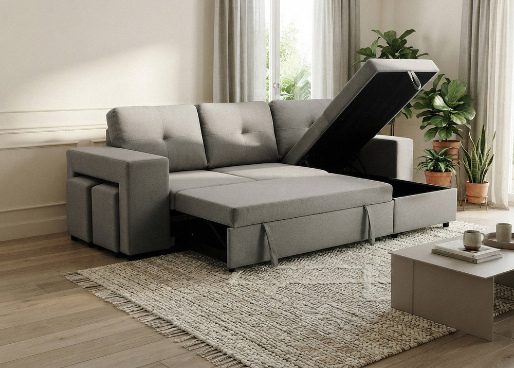 Sofa Cama Chaise Longue Reversible Suiza 230cm, Arcon + Puff Gris