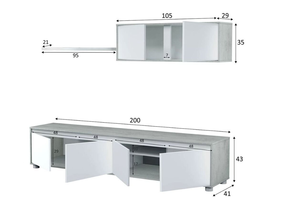 Conjunto Muebles de Salon Alida 200x43cm. Blanco y Cemento