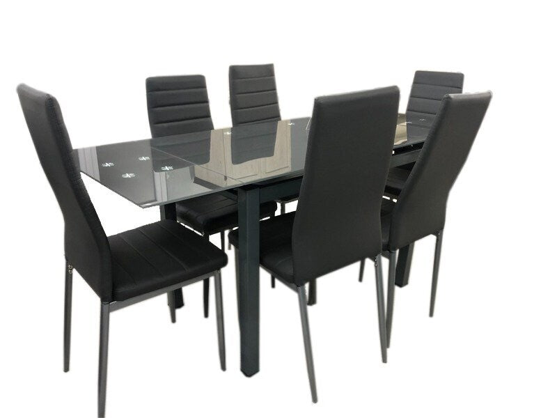 Table Extensible en Verre 170cm + 6 Chaises en Similicuir