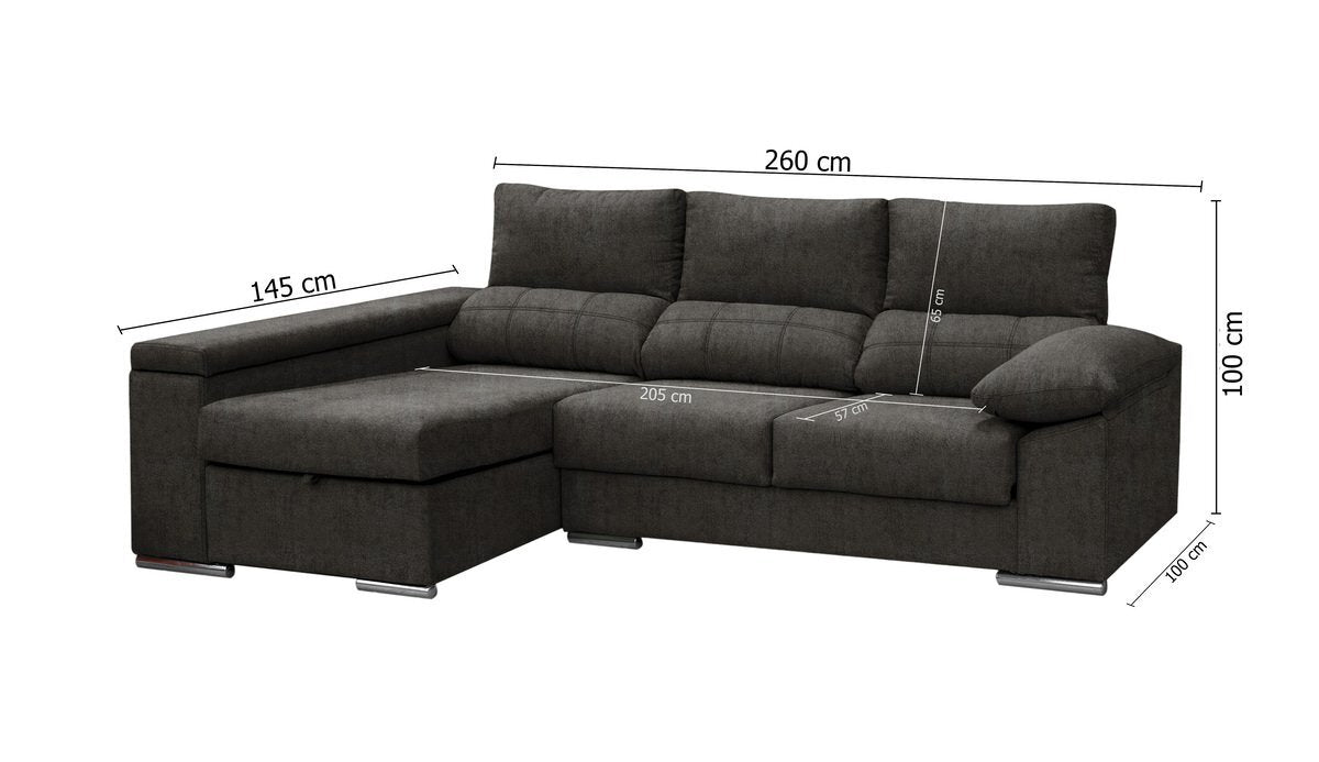 Sofa Chaise Longue 260x145 cm. Reclinable, con Arcon