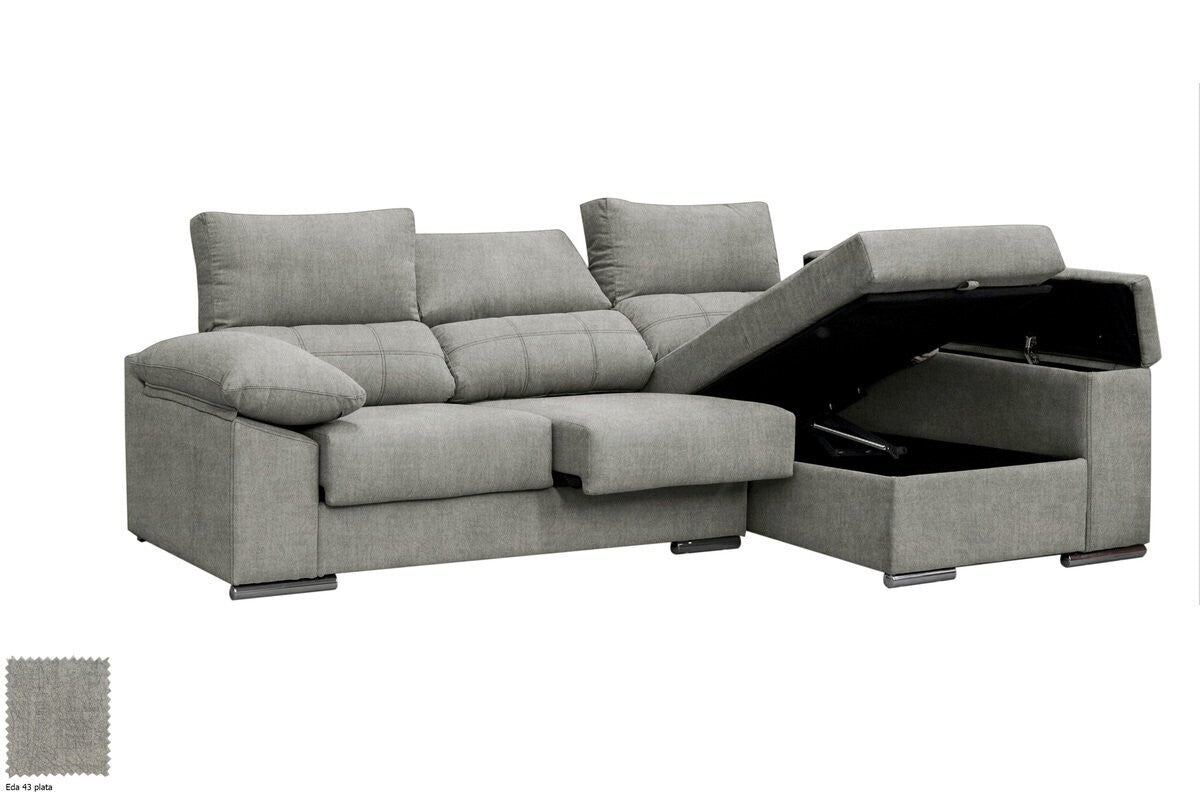 Sofa Chaise Longue Silver 260cm. Reclinable, con Arcon