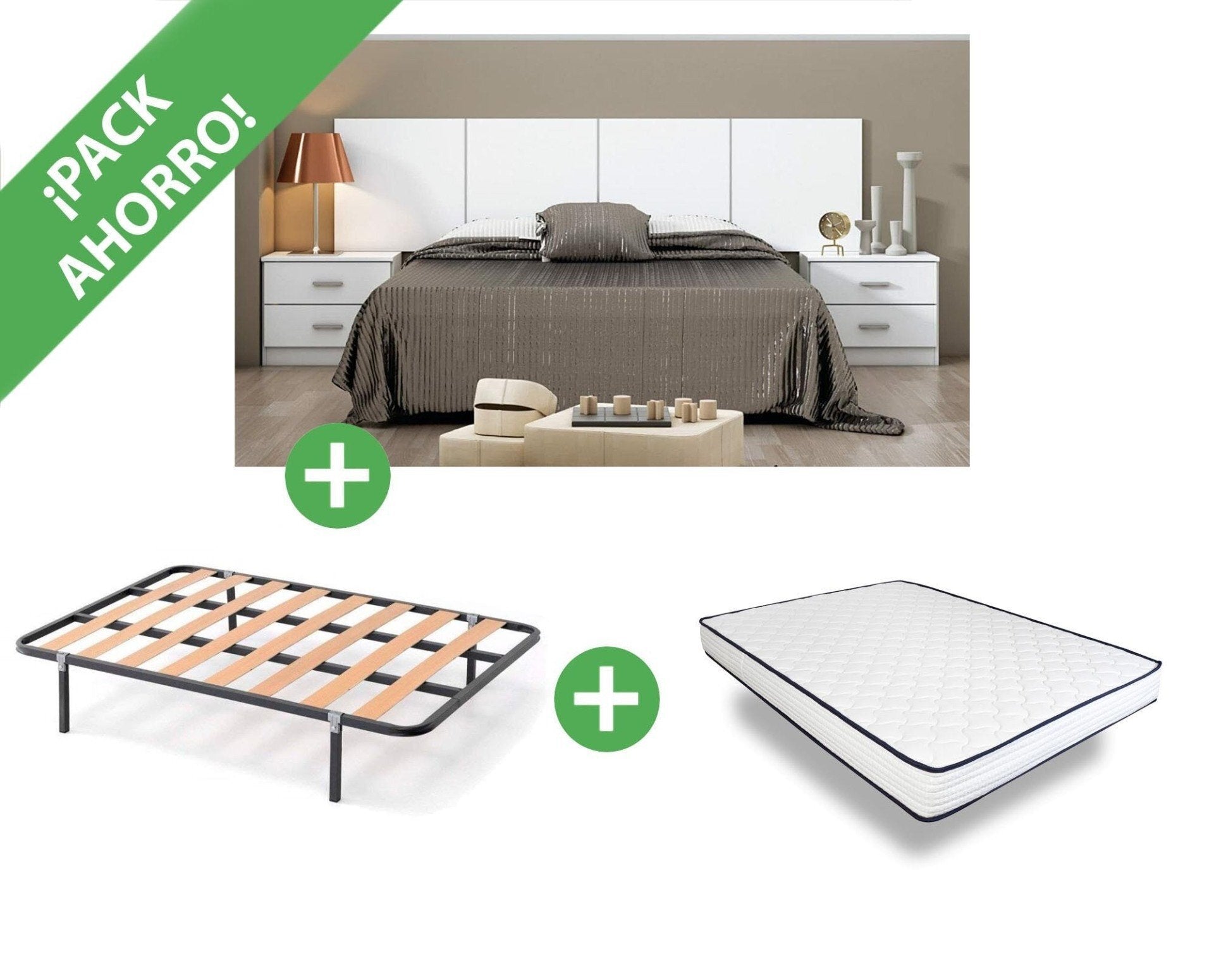 Pack Ahorro: Dormitorio Couple + Somier de Laminas + Colchon Basic