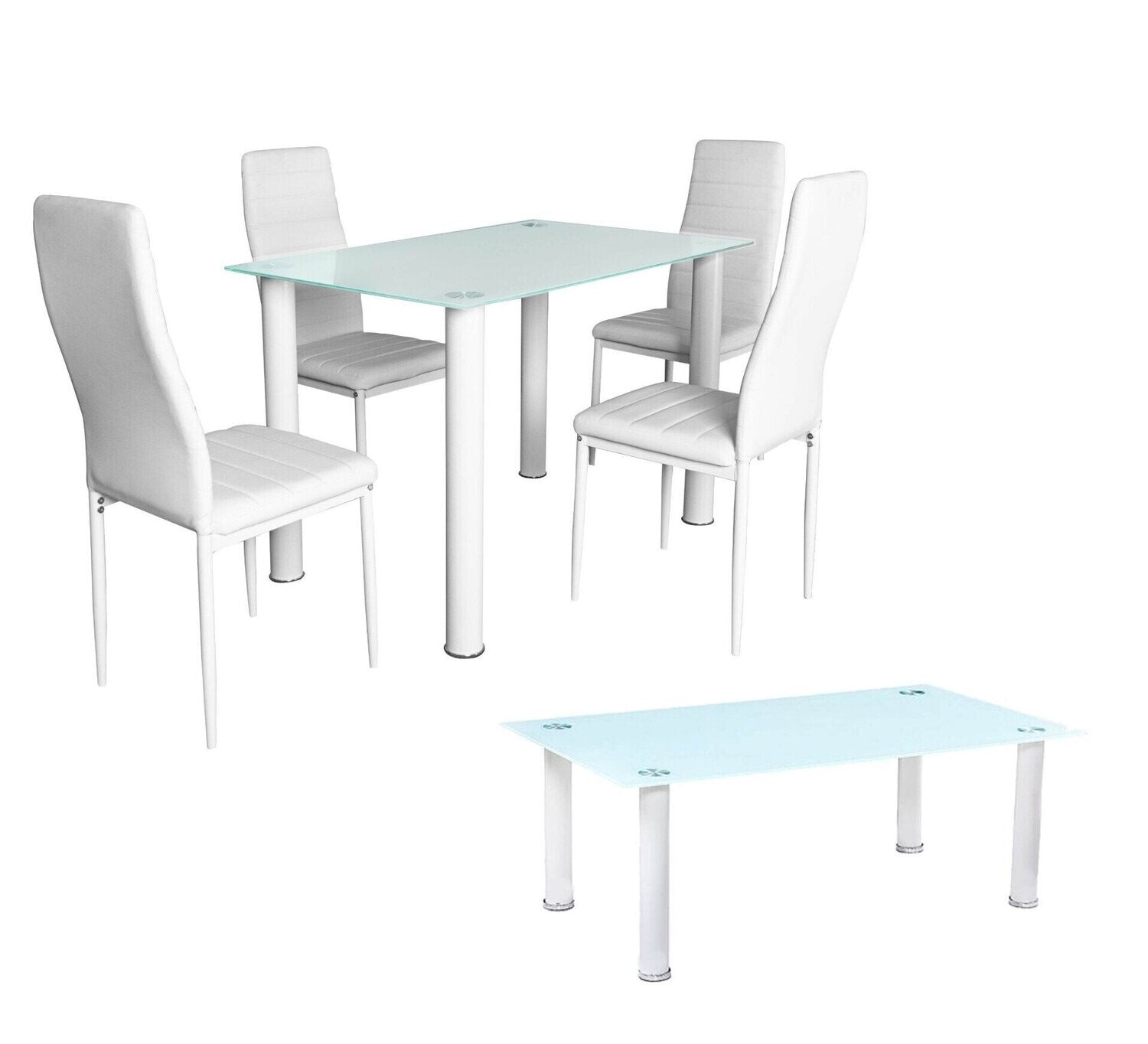 Pack Élégance : Table en Verre Trempé + 4 Chaises en Similicuir + Table Basse en Verre Trempé