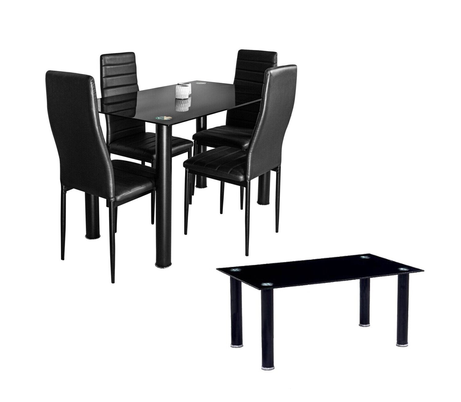 Pack Élégance : Table en Verre Trempé + 4 Chaises en Similicuir + Table Basse en Verre Trempé