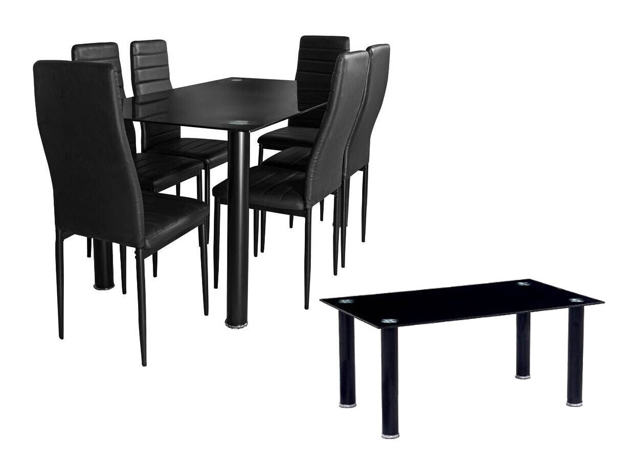 Pack Élégance : Table en Verre Trempé + 6 Chaises en Similicuir + Table Basse en Verre Trempé 