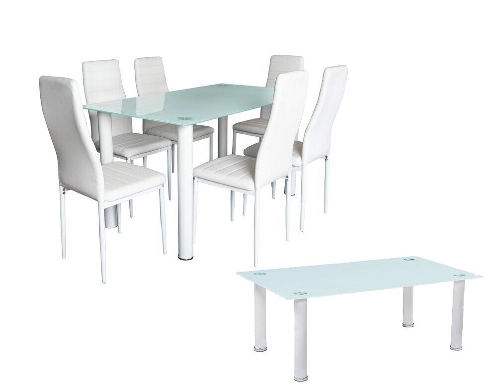 Pack Elegance: Mesa de Cristal Templado + 6 Sillas Polipiel + Mesa de Centro de Cristal Templado