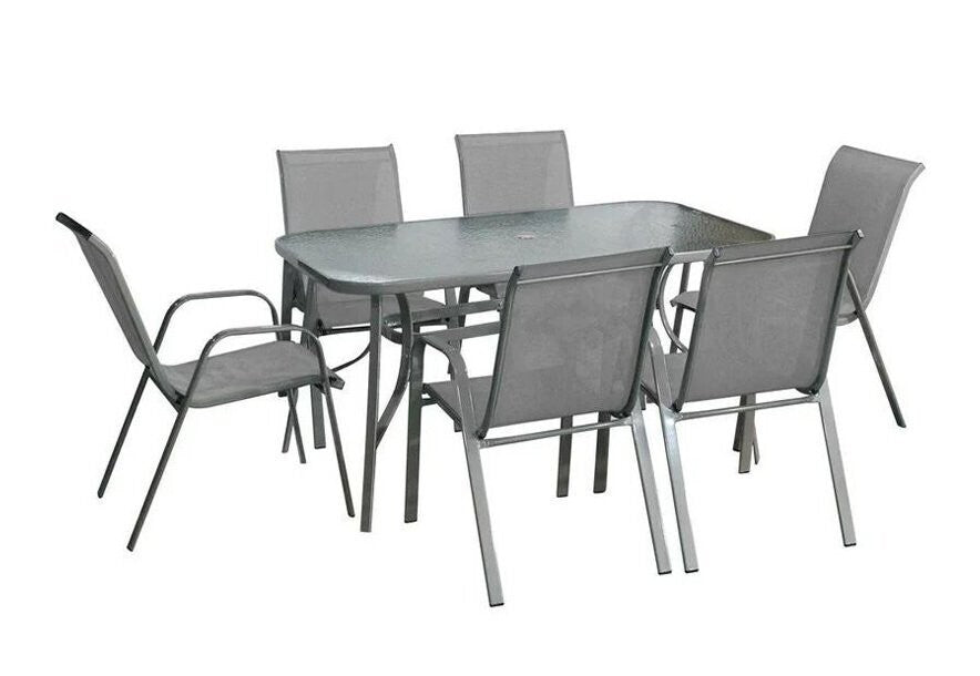 Mesa de Cristal Templado + 6 Sillas. Muebles de Jardin y Terraza