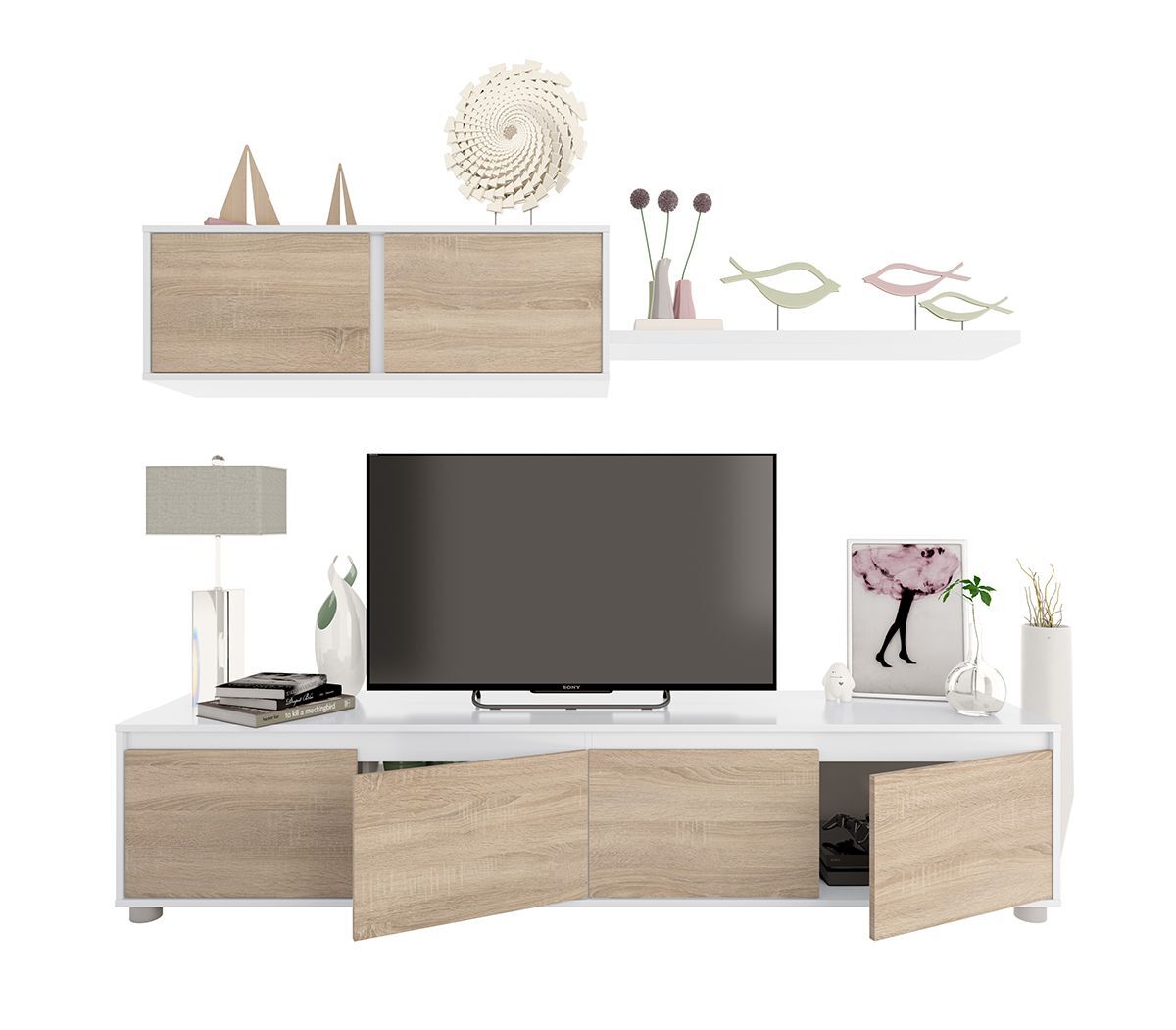 Conjunto Muebles de Salon Alida 200x43cm. Blanco y Roble