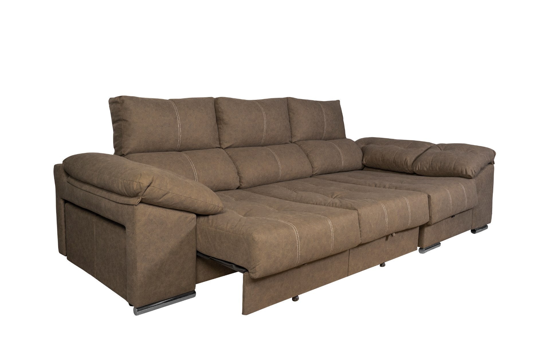 Sofa Cama Chaise Longue 275x140cm. Reclinable, con Arcon +2 pufs