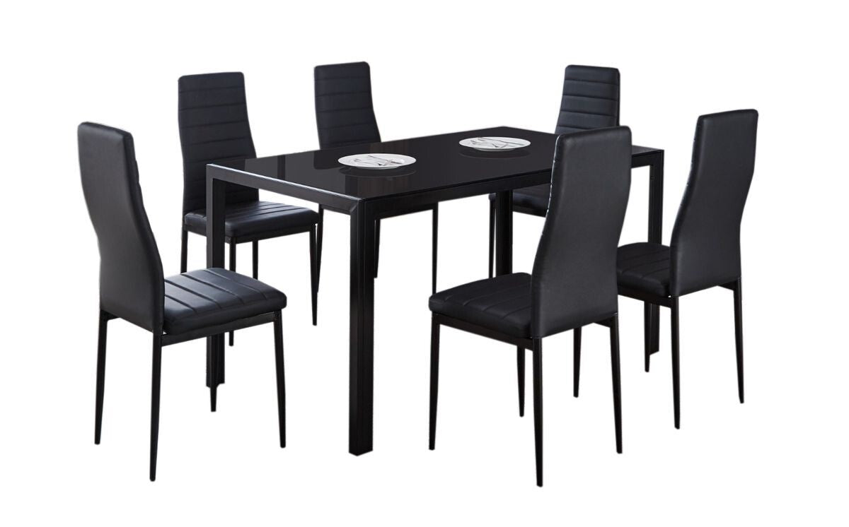 Table en verre trempé DT-20 + 6 chaises en similicuir. Salle à manger ou cuisine