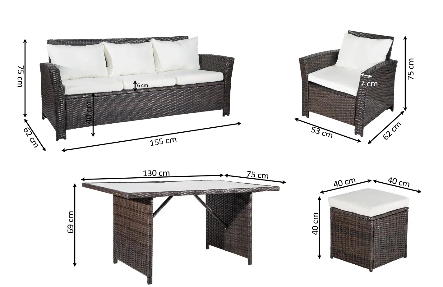 Sofa + Mesa + 2  Sillones+ 2 pufs de Ratan. Muebles de Jardin y Terraza