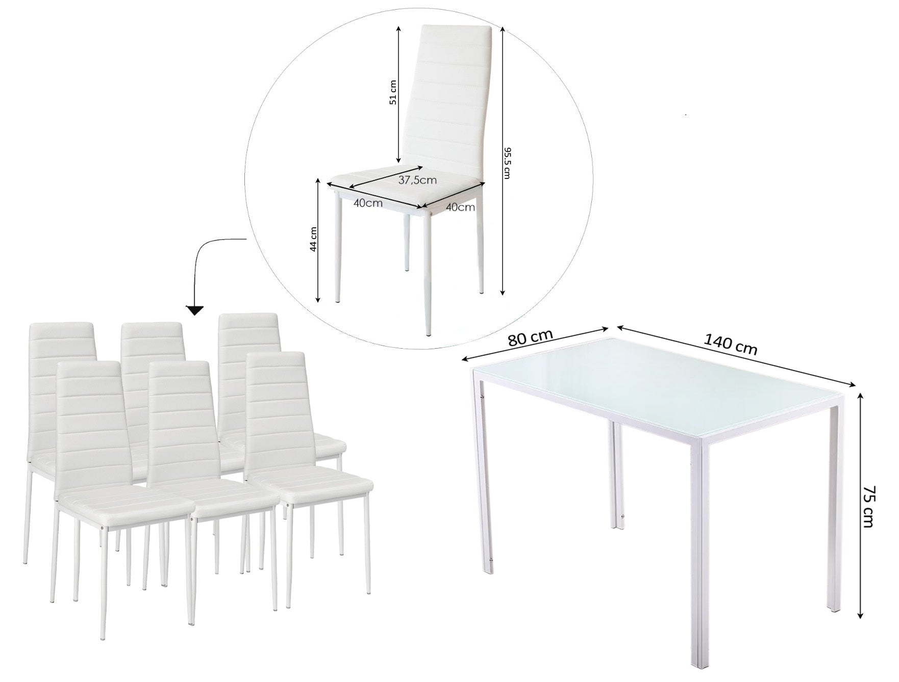 Mesa de Cristal Templado 140x80cm + 6 Sillas Polipiel. Comedor o Cocina